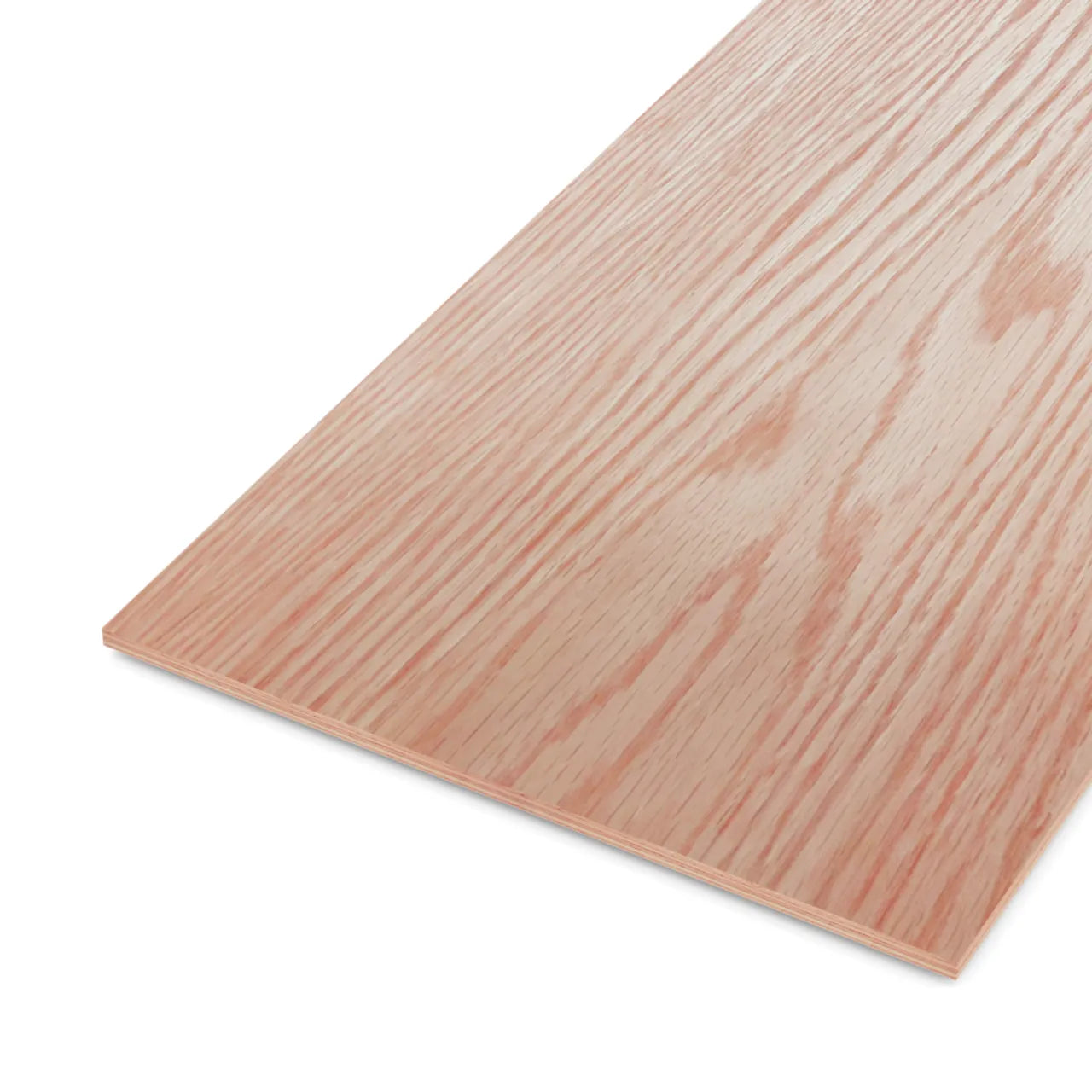 A close-up of a 3/4 in. x 4 ft. x 8 ft. Red Oak Plywood sheet by Go Build, The Fastest Way To Build, showing its light-colored veneer with visible wood grain and a durable hardwood core on a white background.